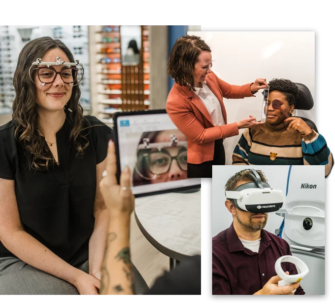 Dr. Jennifer Balo examining a patient, a patient being fit for eyeglasses, and Dr. Jordan Dau using Neurolens