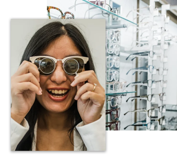 Dr. Ariella Poon holding prescription lenses for exams over her eyes