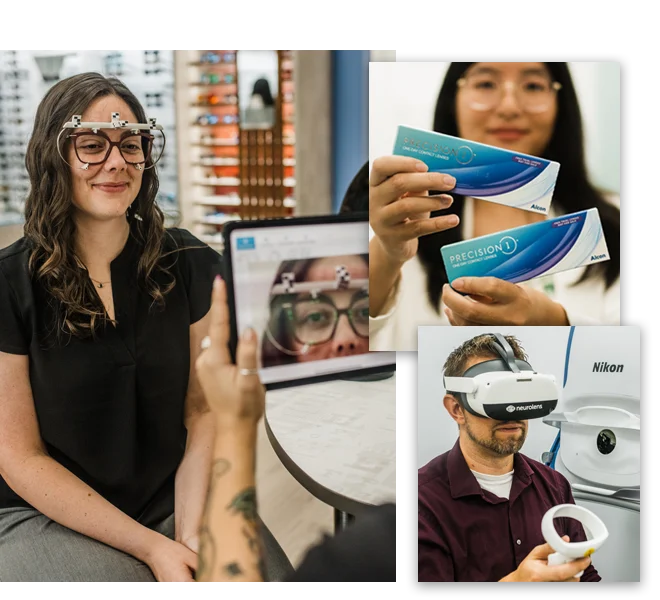 A patient being fit for glasses, Dr. Poon holding contacts, and Dr. Dau using Neurolens